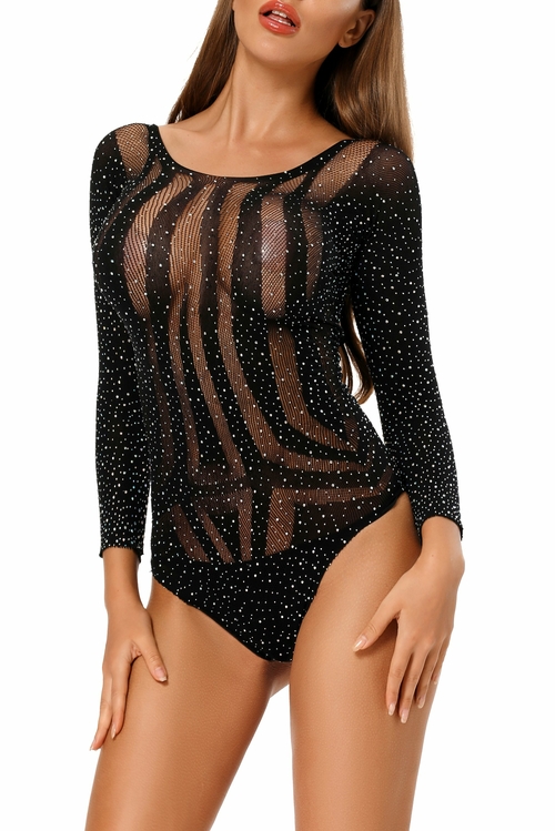 Black Rhinestone Cutout Long Sleeve Bodysuit