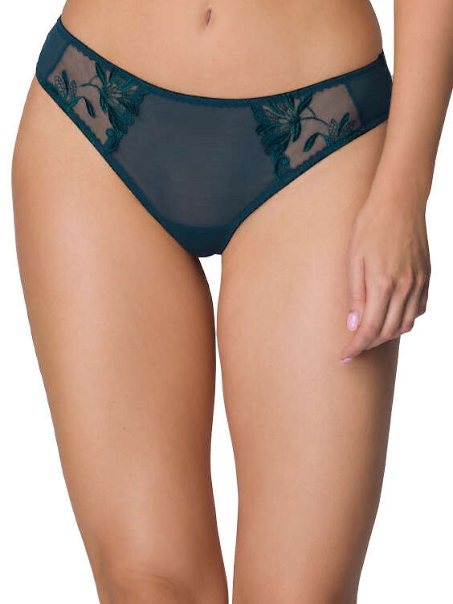 Bottle Green Floral Embroidered T-Back Thong