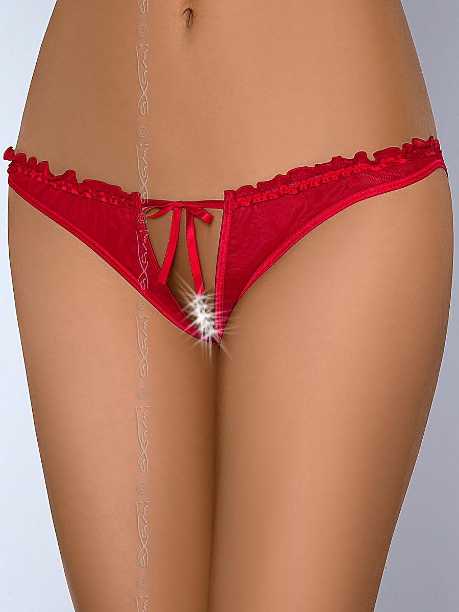 Red Tulle Open Panty With Ruffles