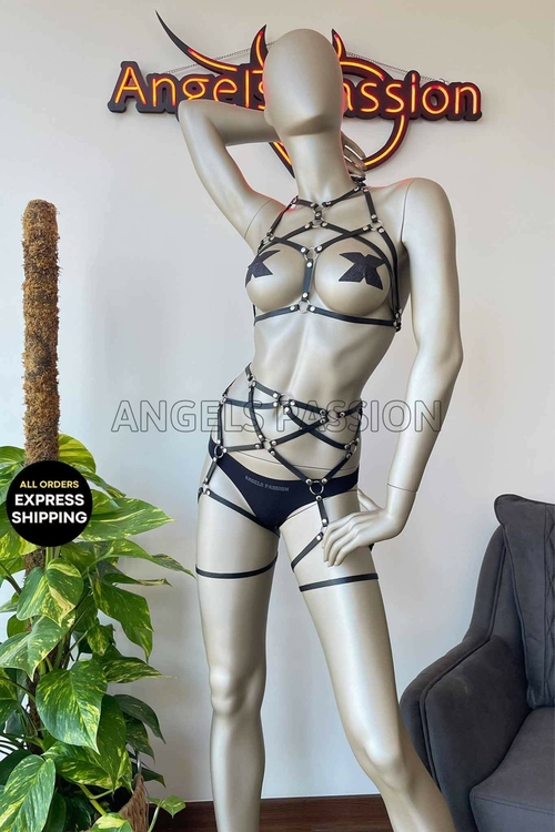 Black Leather Strap Lingerie Set